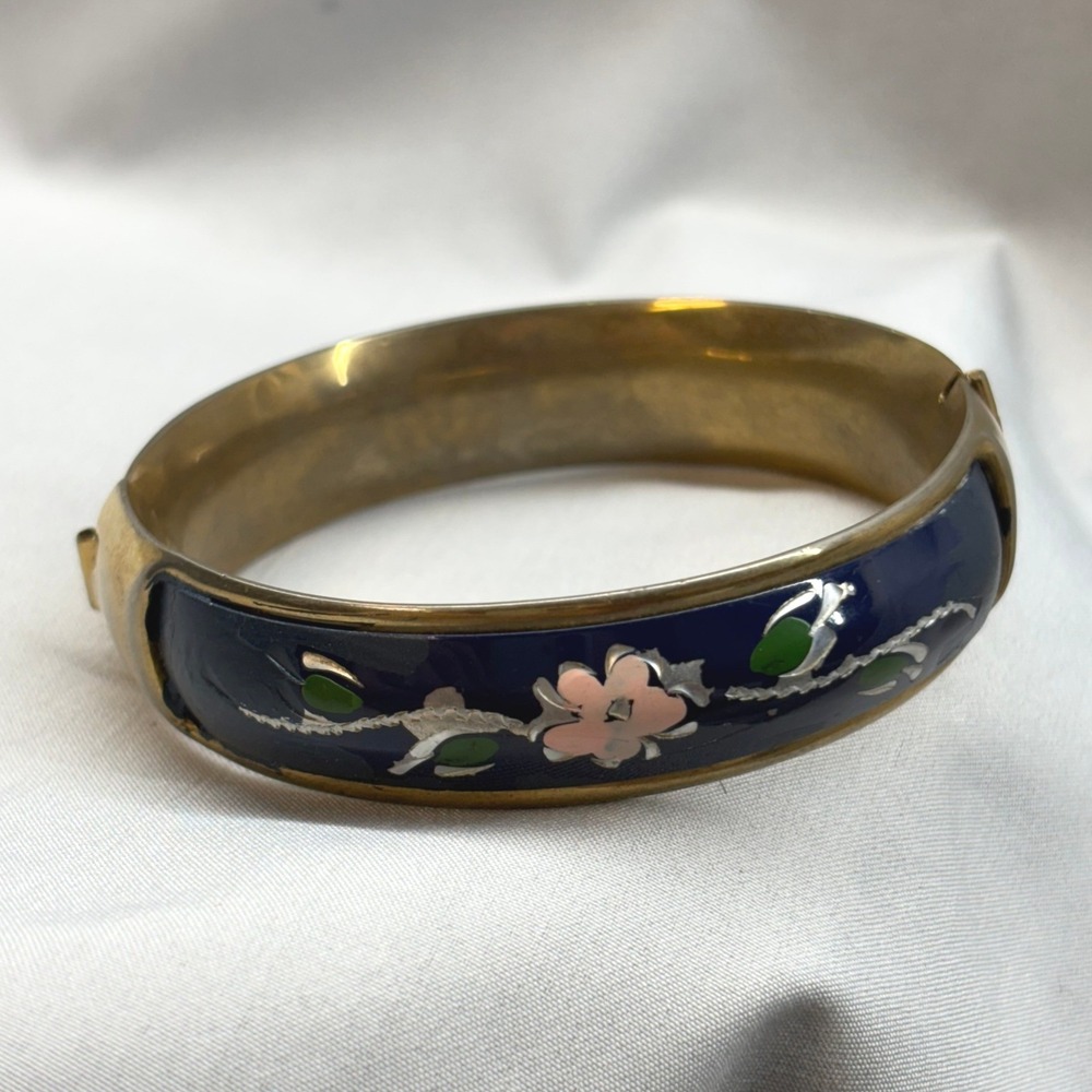 Vintage Bangle Bracelet Womens OS Navy Blue Gold Brass Enamel Floral Good Hinged
